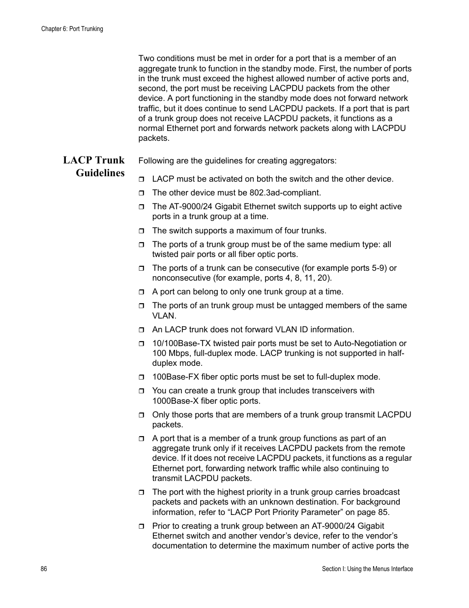 Lacp trunk guidelines | Allied Telesis AT-S84 User Manual | Page 86 / 334