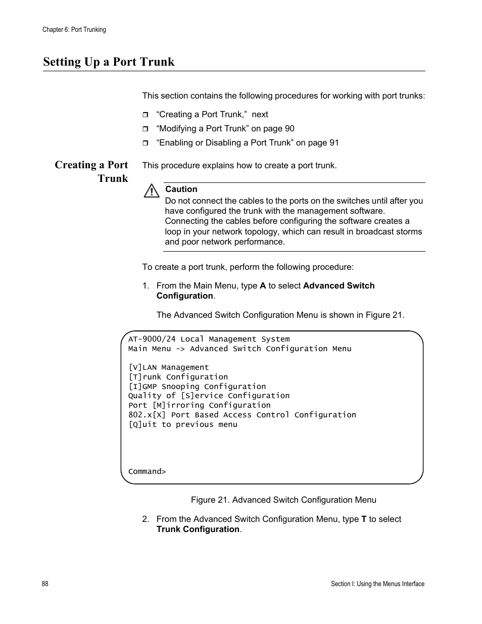 Setting up a port trunk, Creating a port trunk | Allied Telesis AT-S84 User Manual | Page 88 / 334
