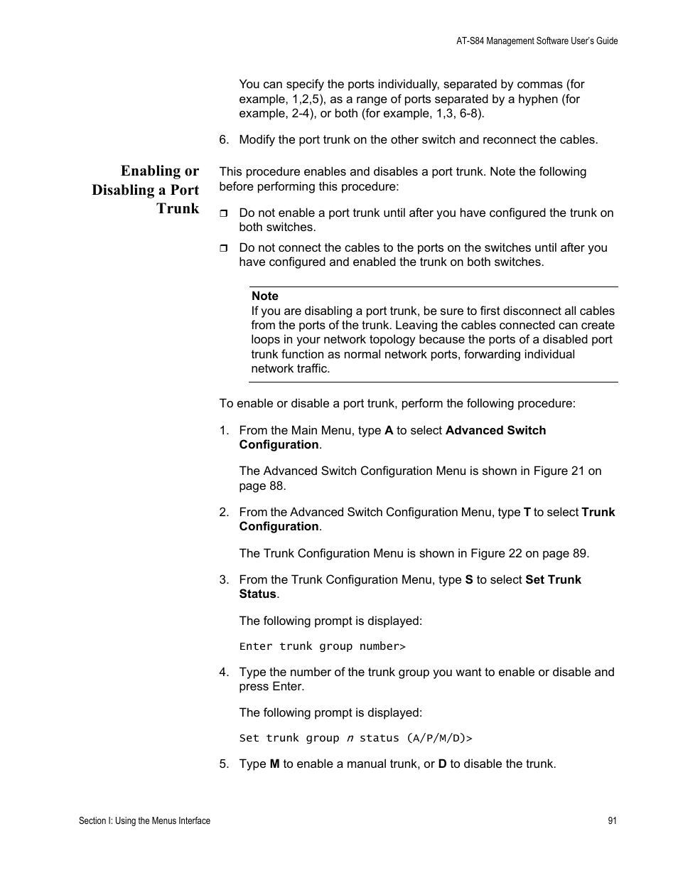 Enabling or disabling a port trunk | Allied Telesis AT-S84 User Manual | Page 91 / 334