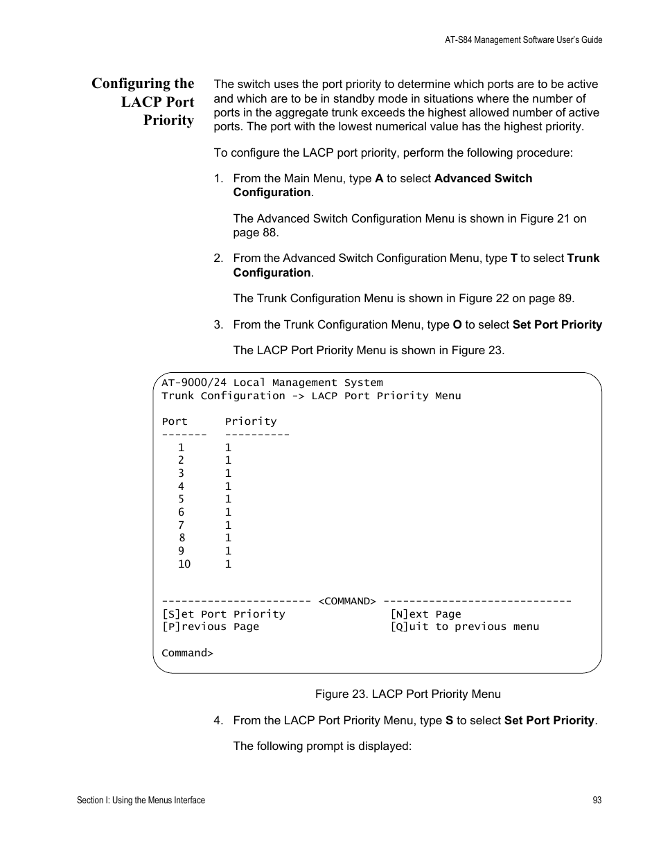 Configuring the lacp port priority | Allied Telesis AT-S84 User Manual | Page 93 / 334
