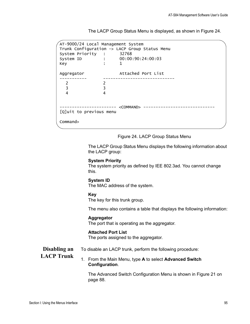Disabling an lacp trunk | Allied Telesis AT-S84 User Manual | Page 95 / 334