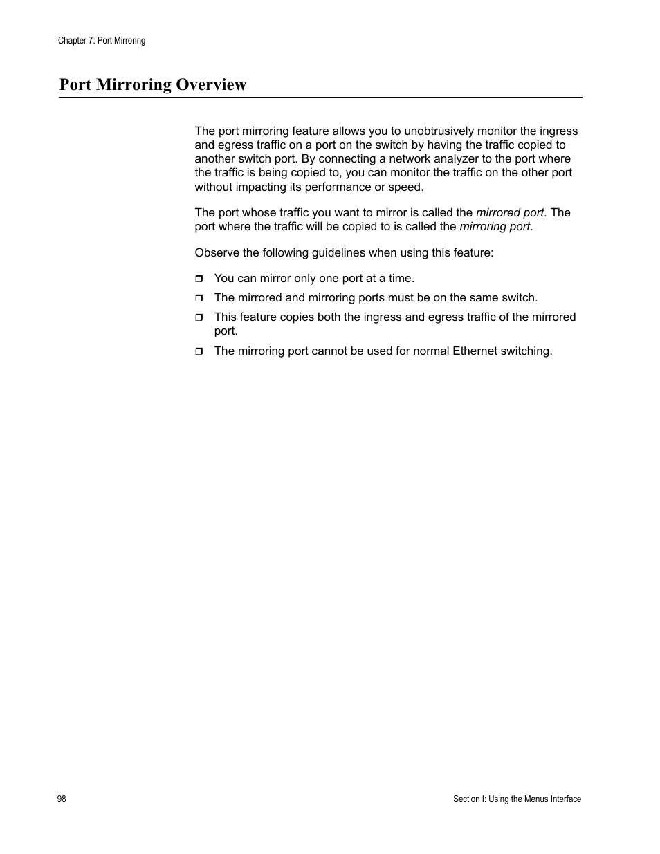 Port mirroring overview | Allied Telesis AT-S84 User Manual | Page 98 / 334