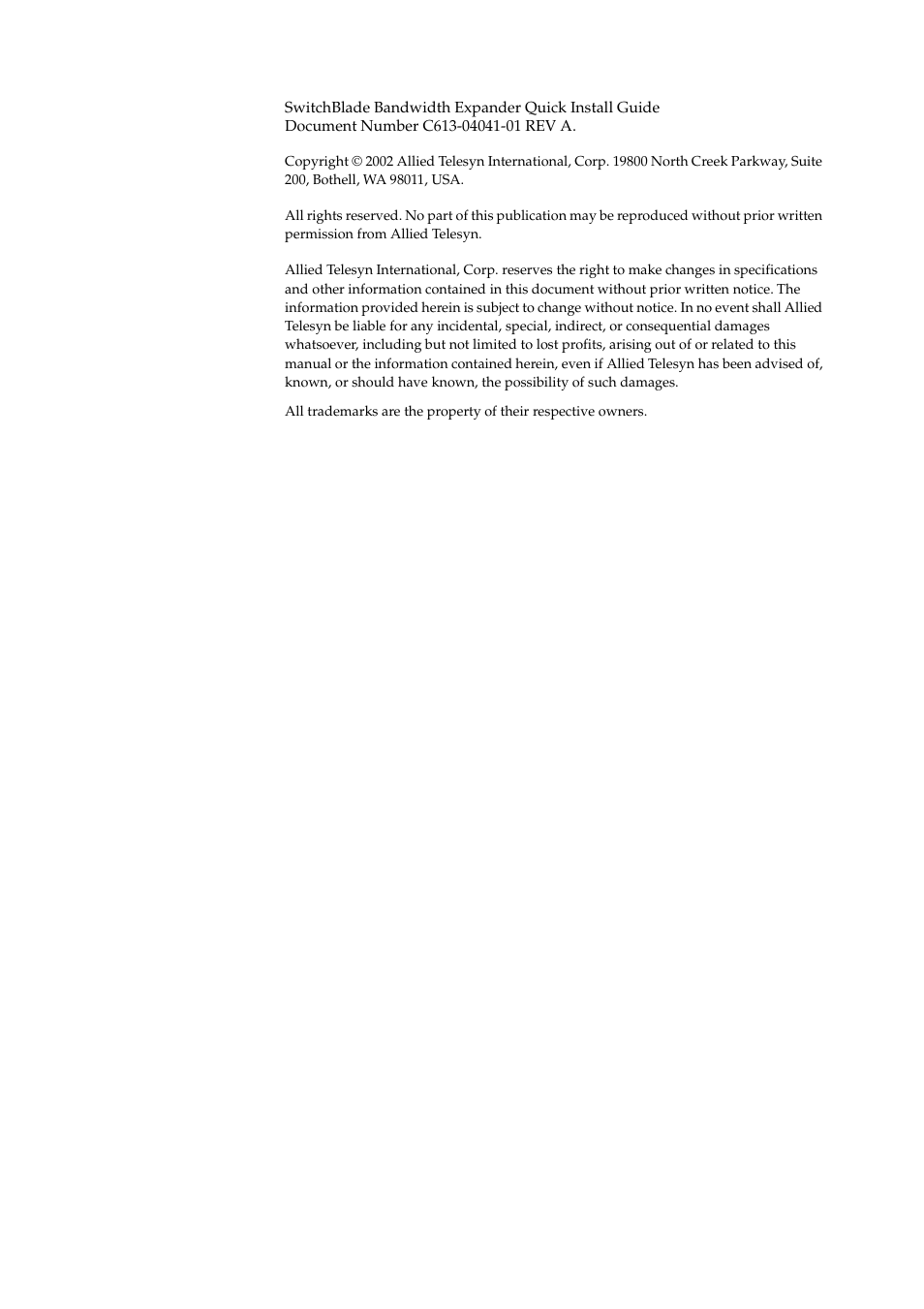 Copyright | Allied Telesis SwitchBlade Bandwidth Expander User Manual | Page 2 / 6