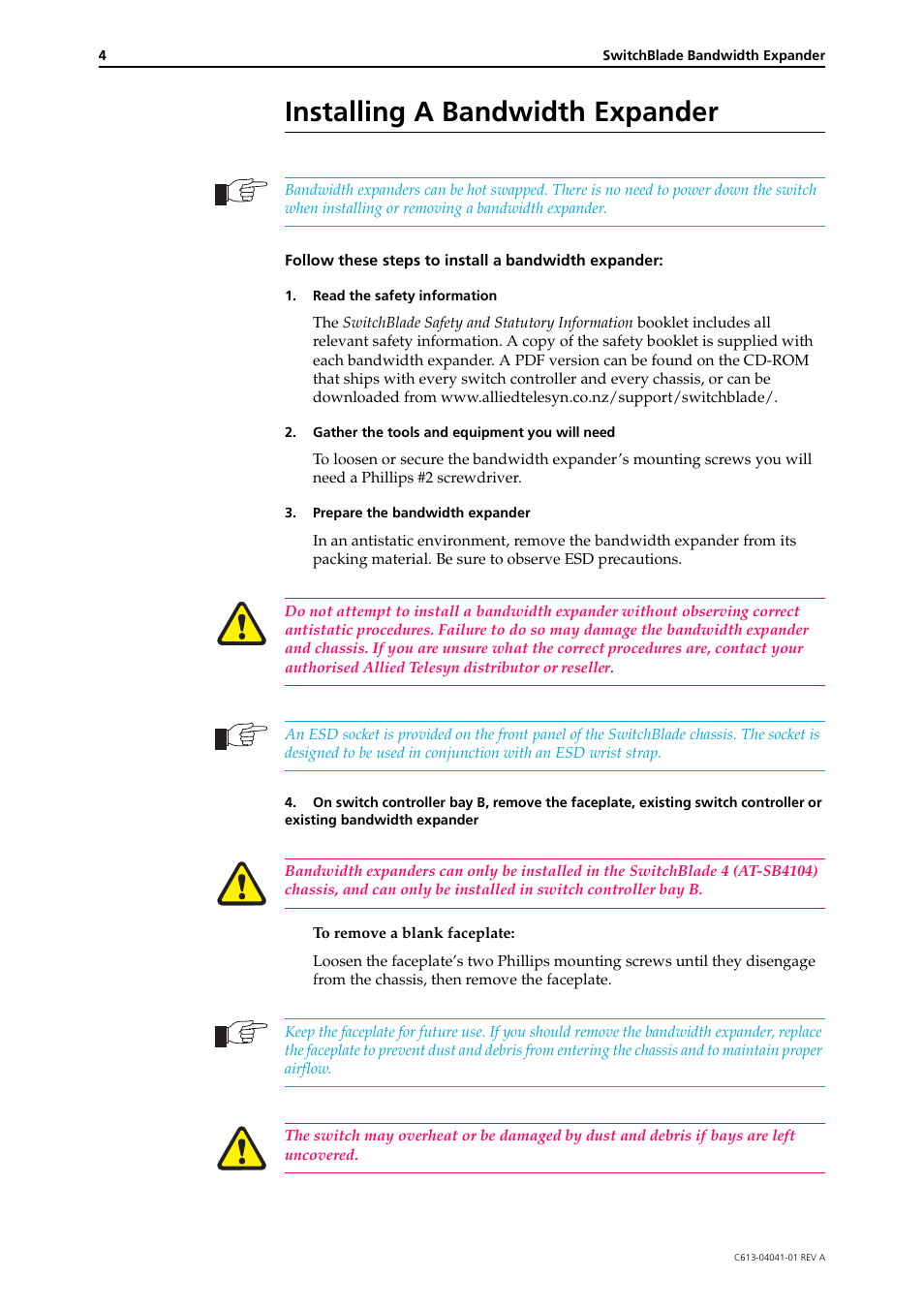 Installing a bandwidth expander | Allied Telesis SwitchBlade Bandwidth Expander User Manual | Page 4 / 6