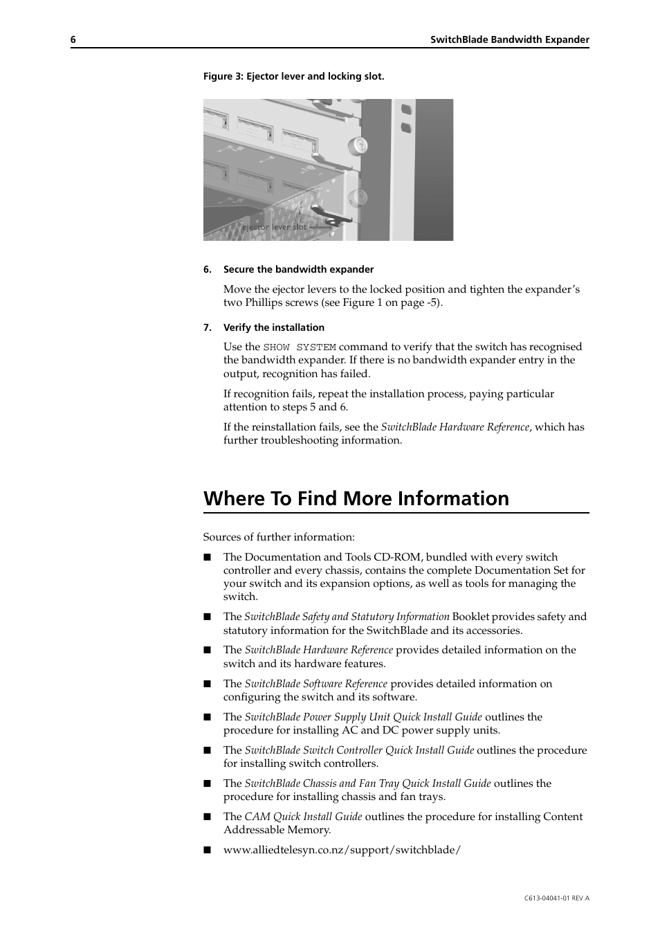 Where to find more information | Allied Telesis SwitchBlade Bandwidth Expander User Manual | Page 6 / 6