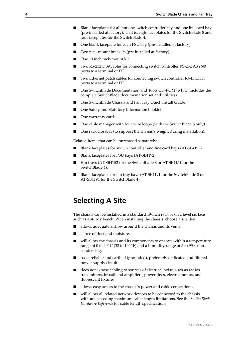 Selecting a site | Allied Telesis SwitchBlade Chassis and Fan Tray User Manual | Page 4 / 11