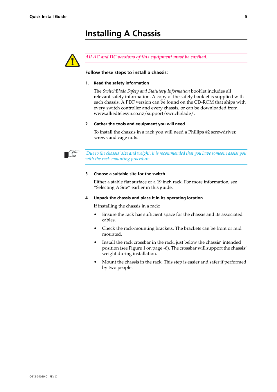 Installing a chassis | Allied Telesis SwitchBlade Chassis and Fan Tray User Manual | Page 5 / 11