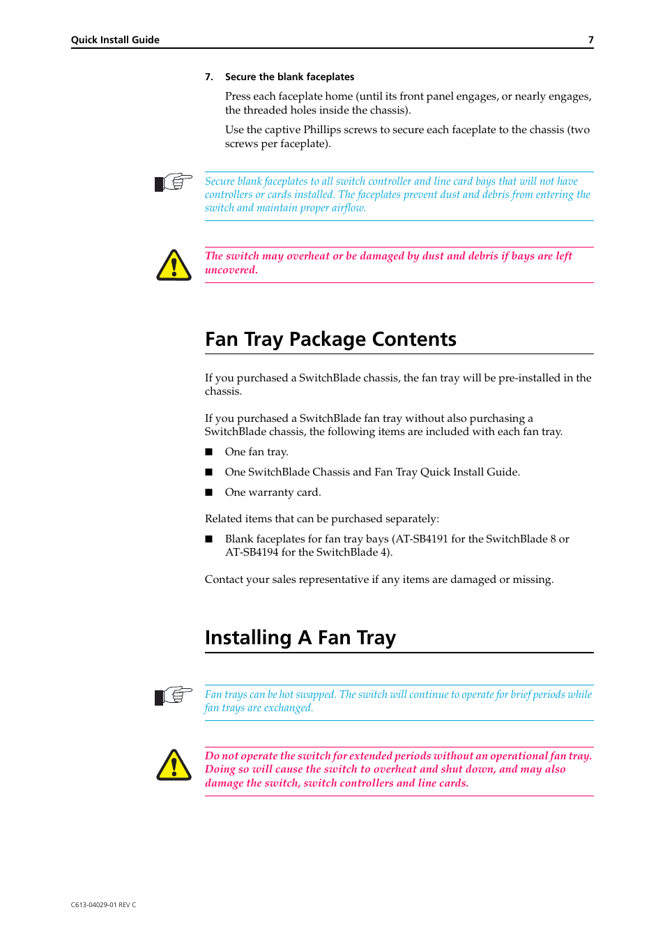 Fan tray package contents, Installing a fan tray | Allied Telesis SwitchBlade Chassis and Fan Tray User Manual | Page 7 / 11