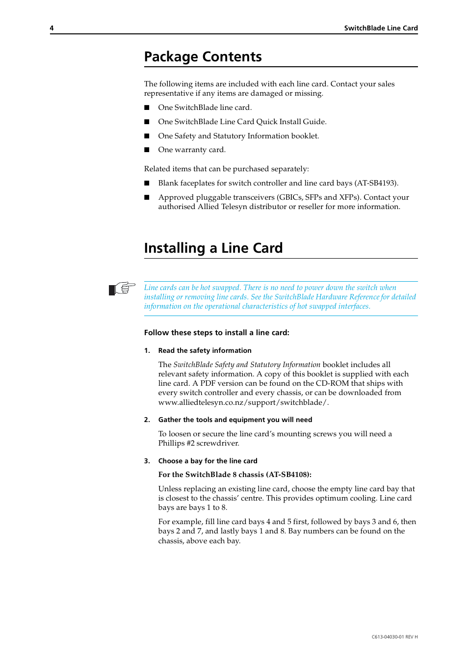 Package contents, Installing a line card | Allied Telesis SwitchBlade Line Card User Manual | Page 4 / 10