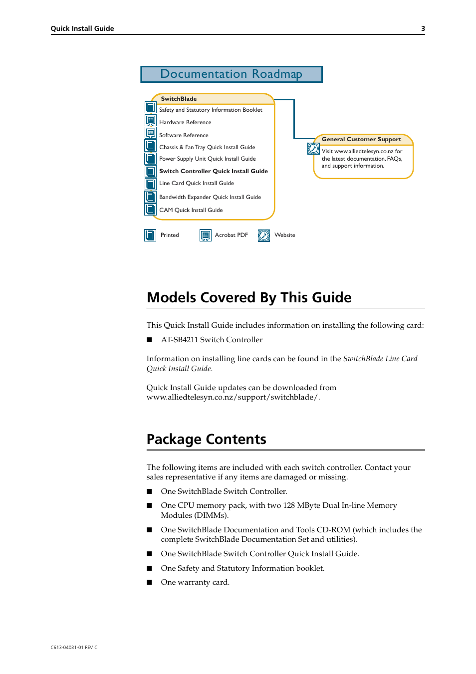 Models covered by this guide, Package contents, Documentation roadmap | Allied Telesis SwitchBlade Switch Controller User Manual | Page 3 / 12
