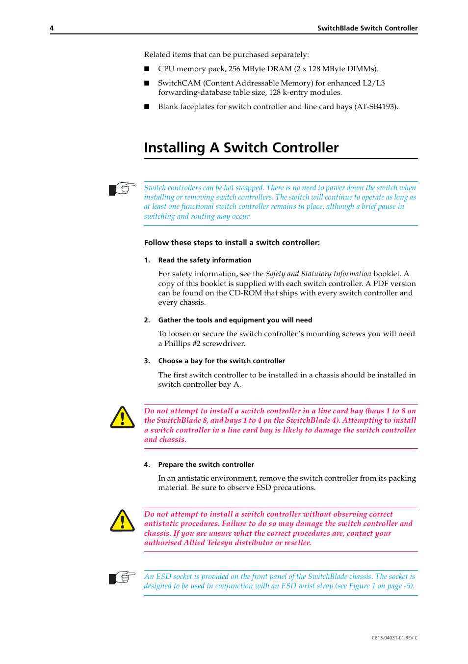 Installing a switch controller | Allied Telesis SwitchBlade Switch Controller User Manual | Page 4 / 12