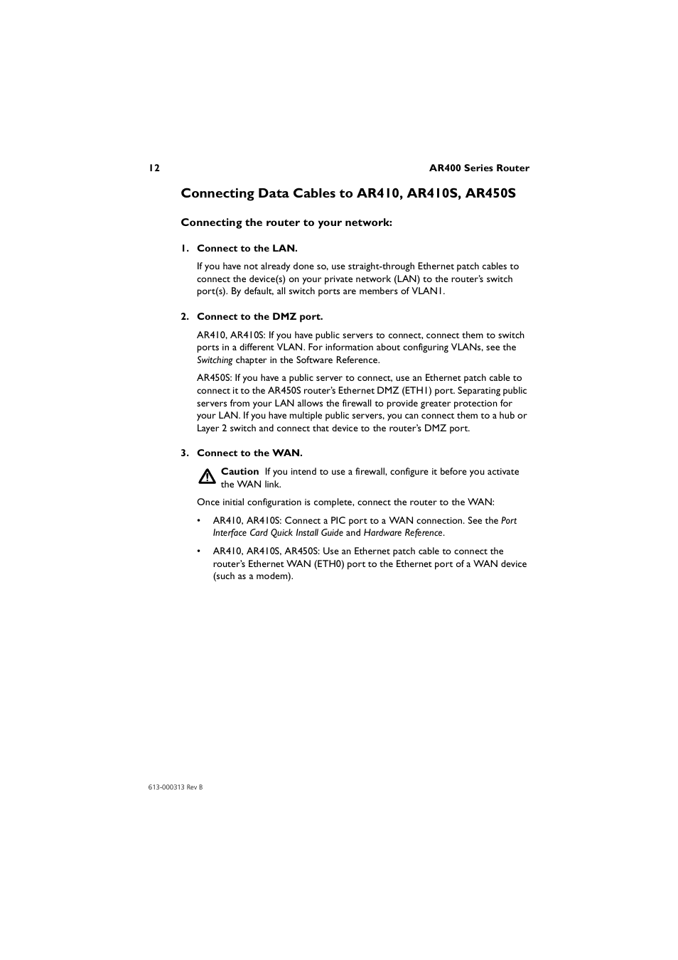 Connecting data cables to ar410, ar410s, ar450s | Allied Telesis AR400 Series Router User Manual | Page 12 / 56