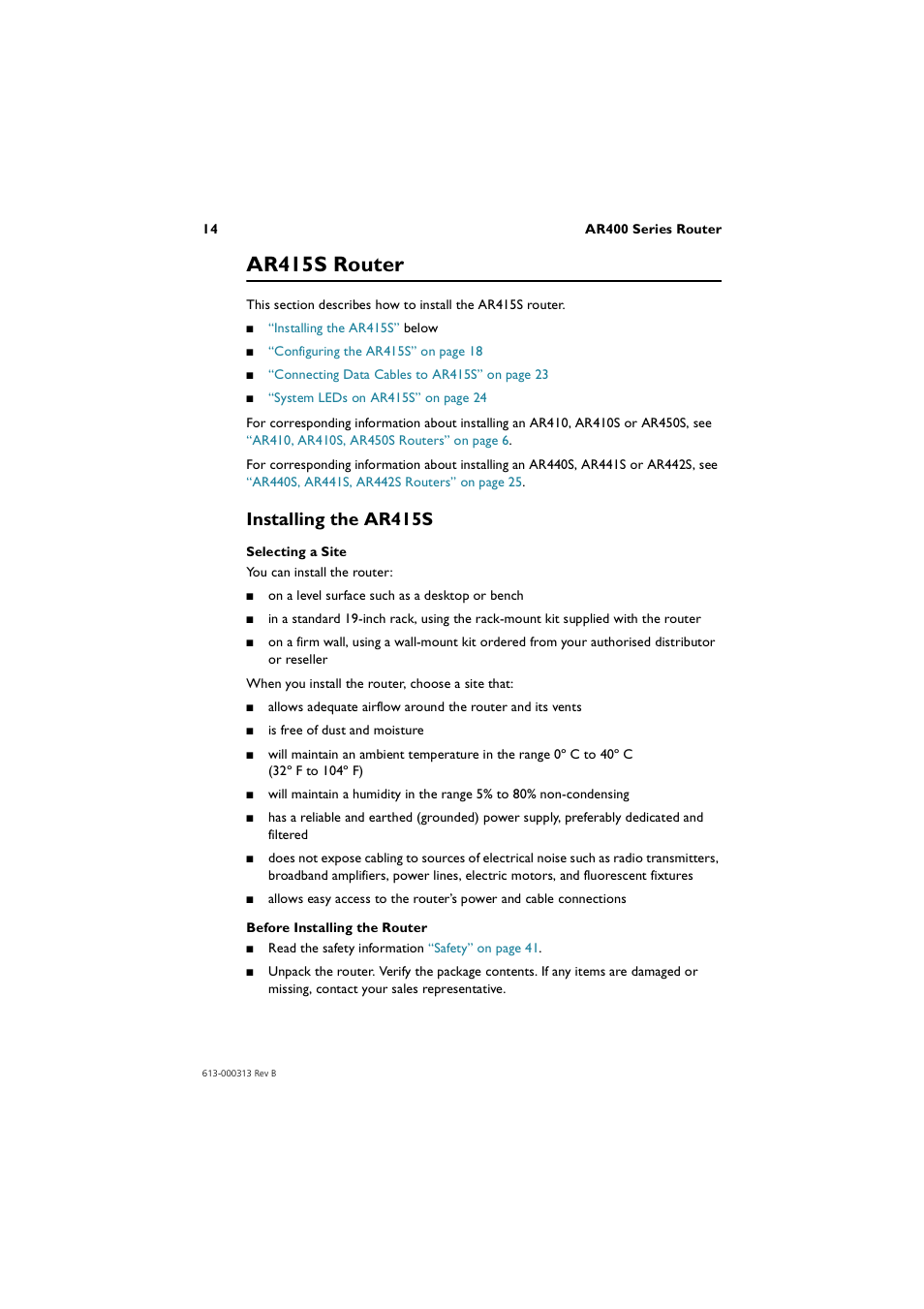 Ar415s router, Installing the ar415s, Ar415s | Ar415s router” on | Allied Telesis AR400 Series Router User Manual | Page 14 / 56