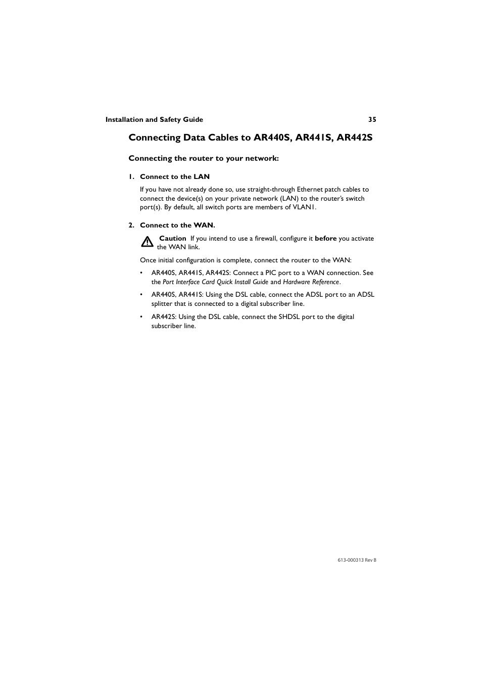 Connecting data cables to ar440s, ar441s, ar442s | Allied Telesis AR400 Series Router User Manual | Page 35 / 56