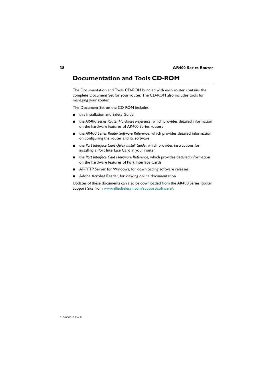 Documentation and tools cd-rom | Allied Telesis AR400 Series Router User Manual | Page 38 / 56