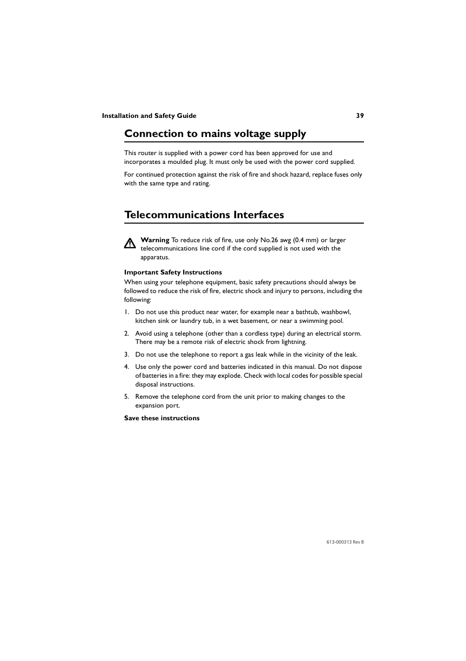 Connection to mains voltage supply, Telecommunications interfaces | Allied Telesis AR400 Series Router User Manual | Page 39 / 56