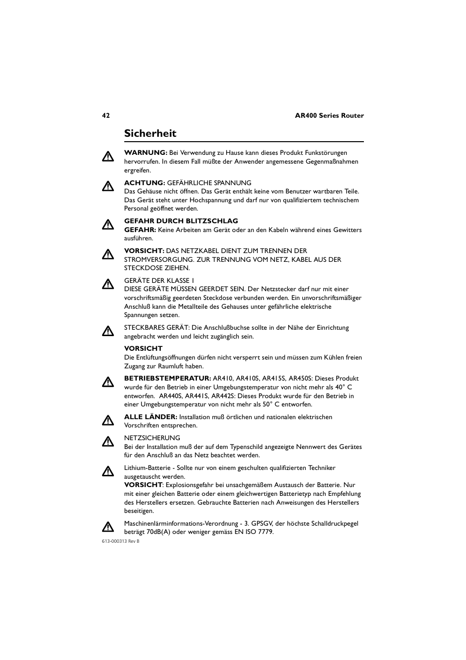 Sicherheit | Allied Telesis AR400 Series Router User Manual | Page 42 / 56