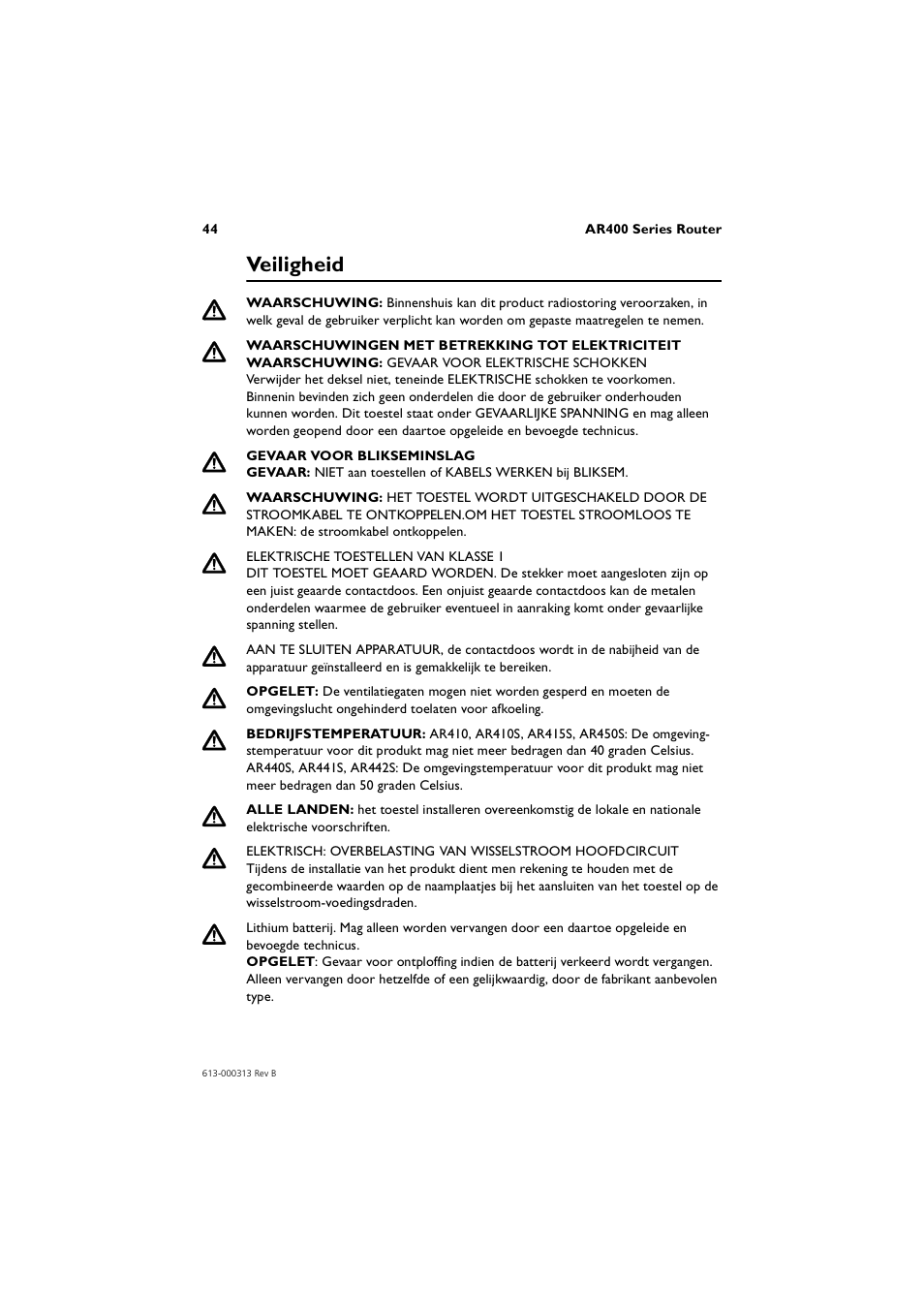 Veiligheid | Allied Telesis AR400 Series Router User Manual | Page 44 / 56