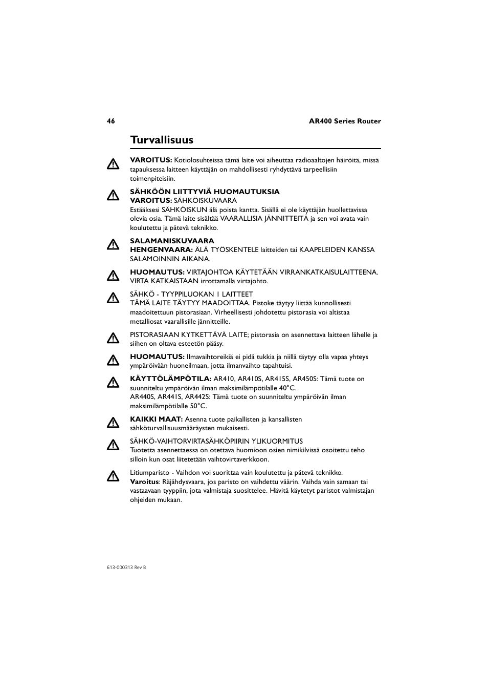 Turvallisuus | Allied Telesis AR400 Series Router User Manual | Page 46 / 56