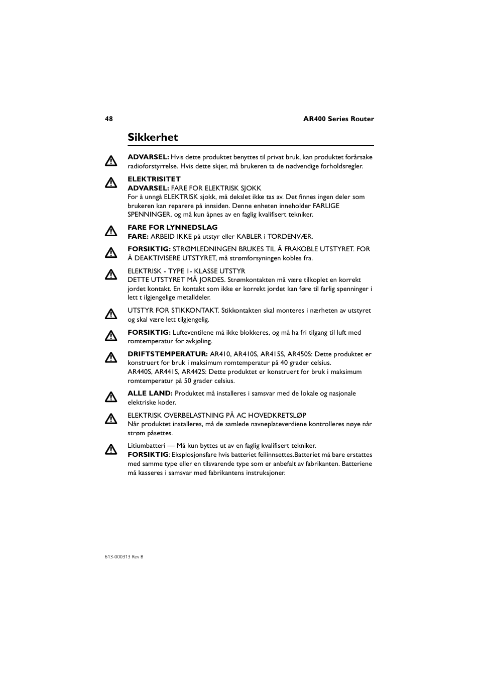 Sikkerhet | Allied Telesis AR400 Series Router User Manual | Page 48 / 56