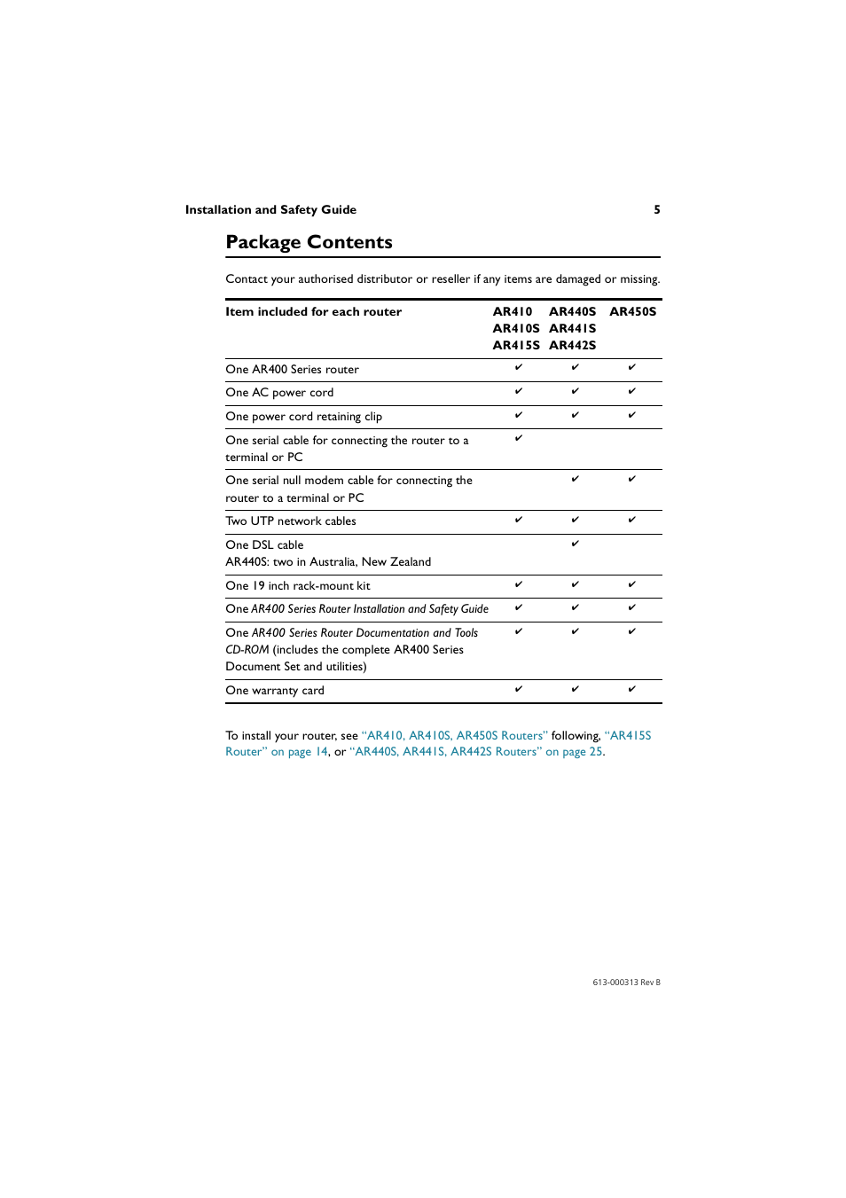 Package contents | Allied Telesis AR400 Series Router User Manual | Page 5 / 56