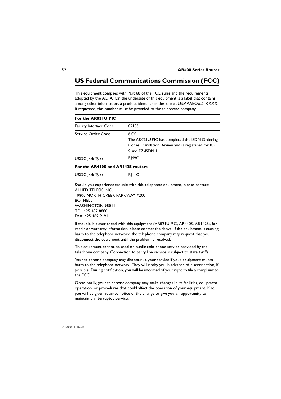 Us federal communications commission (fcc) | Allied Telesis AR400 Series Router User Manual | Page 52 / 56