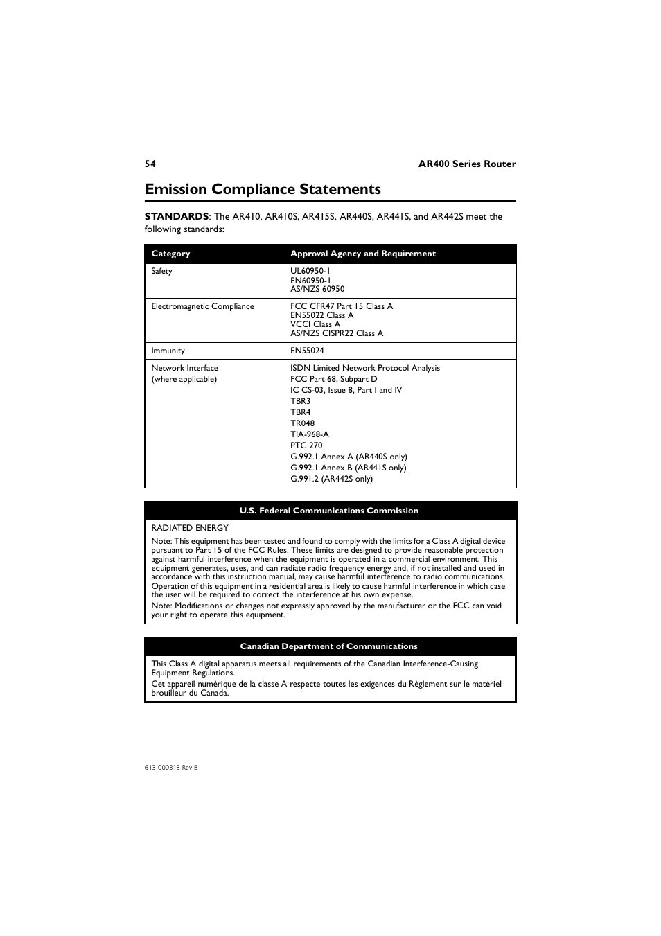 Emission compliance statements | Allied Telesis AR400 Series Router User Manual | Page 54 / 56