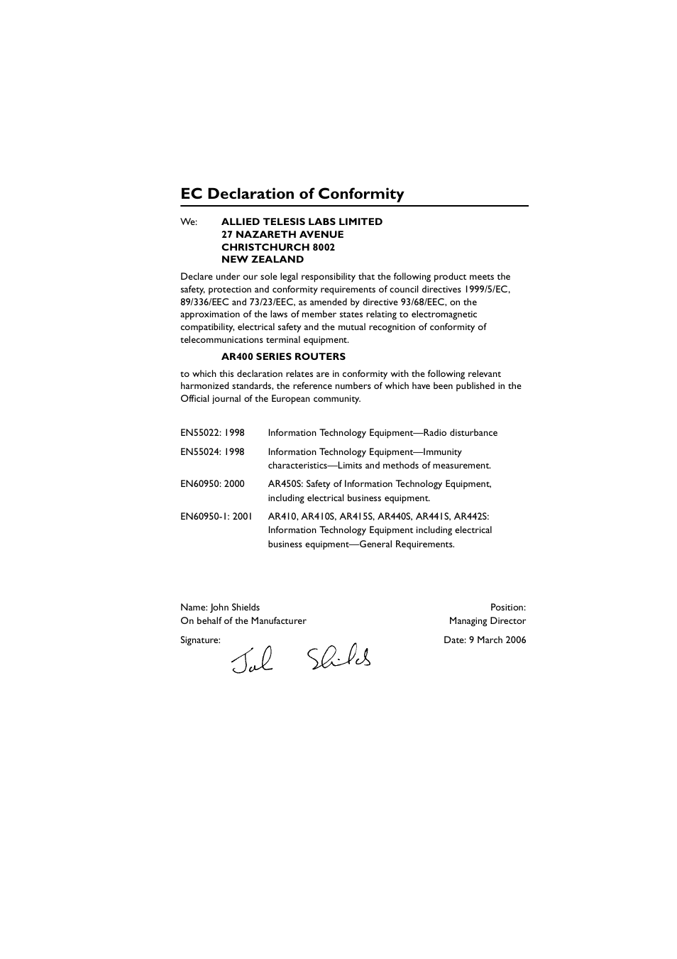 Ec declaration of conformity | Allied Telesis AR400 Series Router User Manual | Page 56 / 56