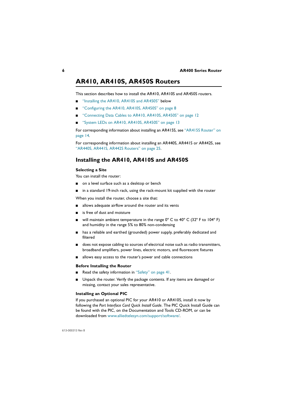 Ar410, ar410s, ar450s routers, Installing the ar410, ar410s and ar450s | Allied Telesis AR400 Series Router User Manual | Page 6 / 56