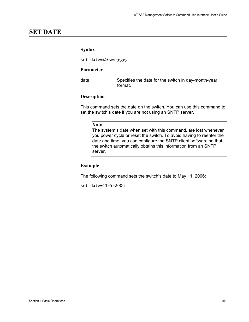 Set date | Allied Telesis AT-S62 User Manual | Page 101 / 656