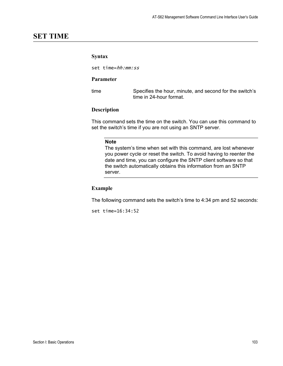 Set time | Allied Telesis AT-S62 User Manual | Page 103 / 656