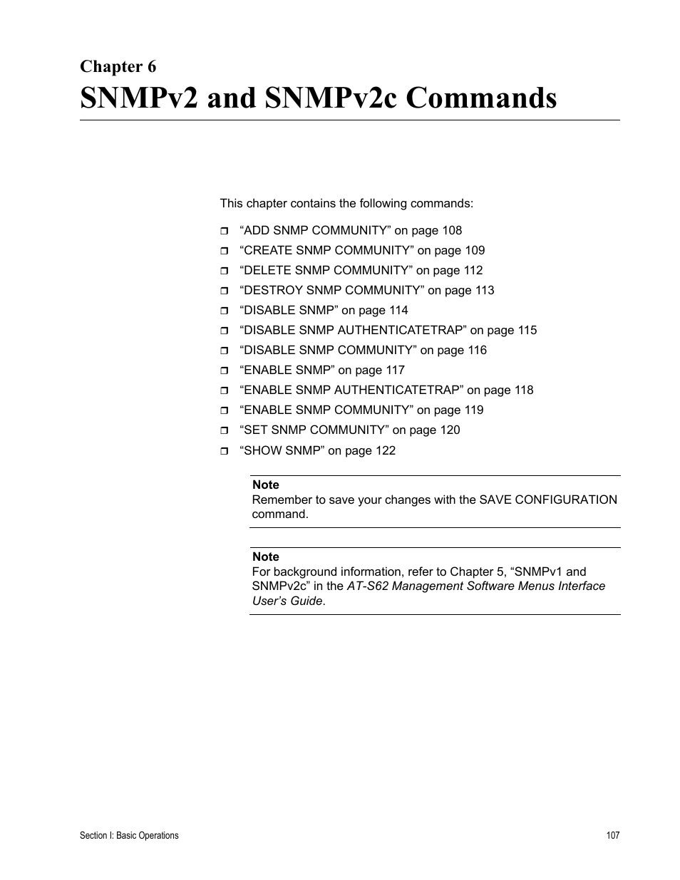 Chapter 6, Snmpv2 and snmpv2c commands, R 6: snmpv2 and snmpv2c commands | Allied Telesis AT-S62 User Manual | Page 107 / 656