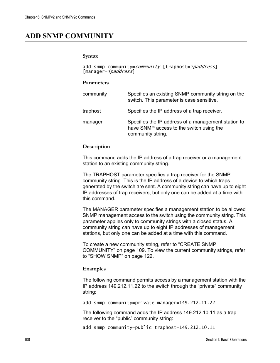 Add snmp community | Allied Telesis AT-S62 User Manual | Page 108 / 656