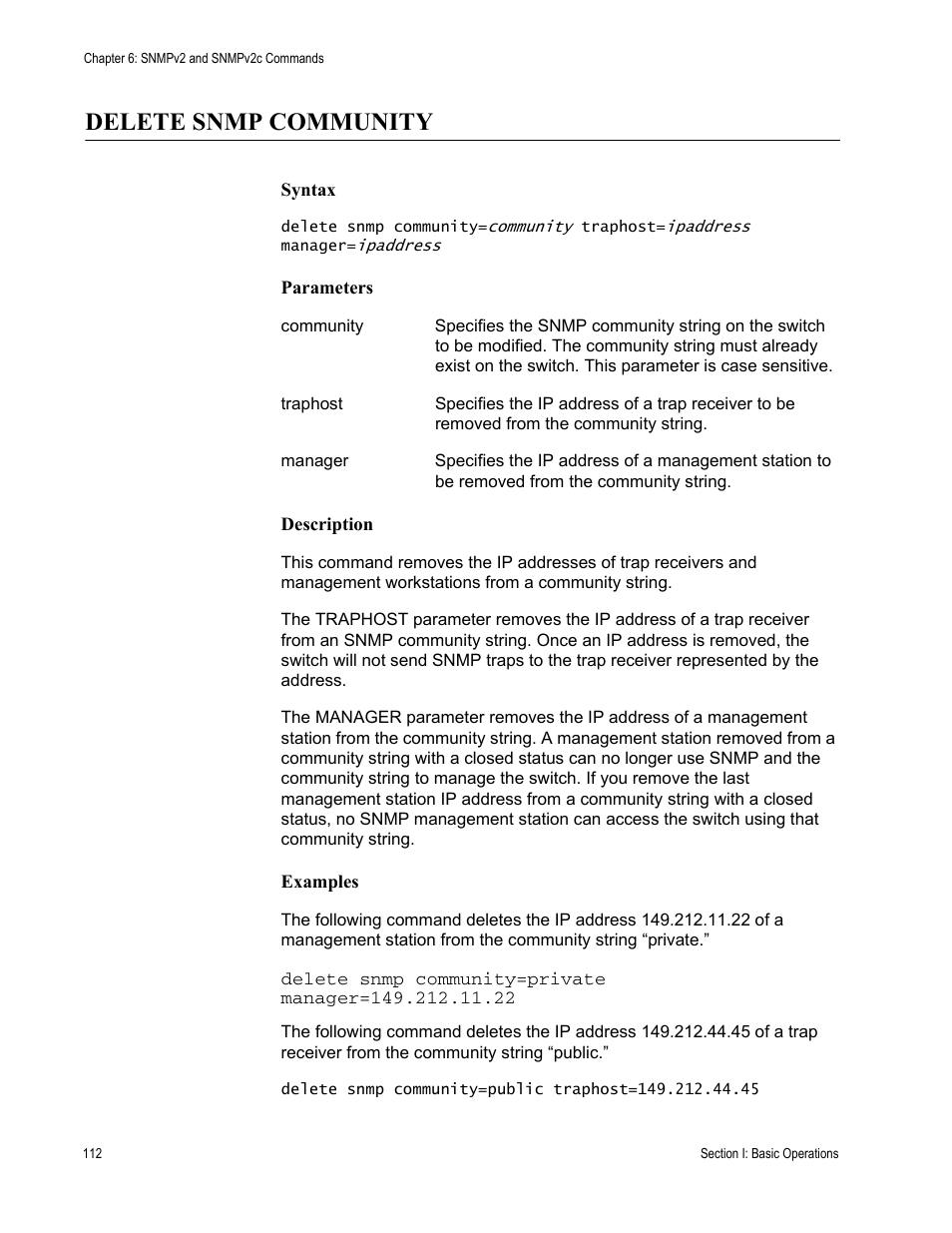 Delete snmp community | Allied Telesis AT-S62 User Manual | Page 112 / 656