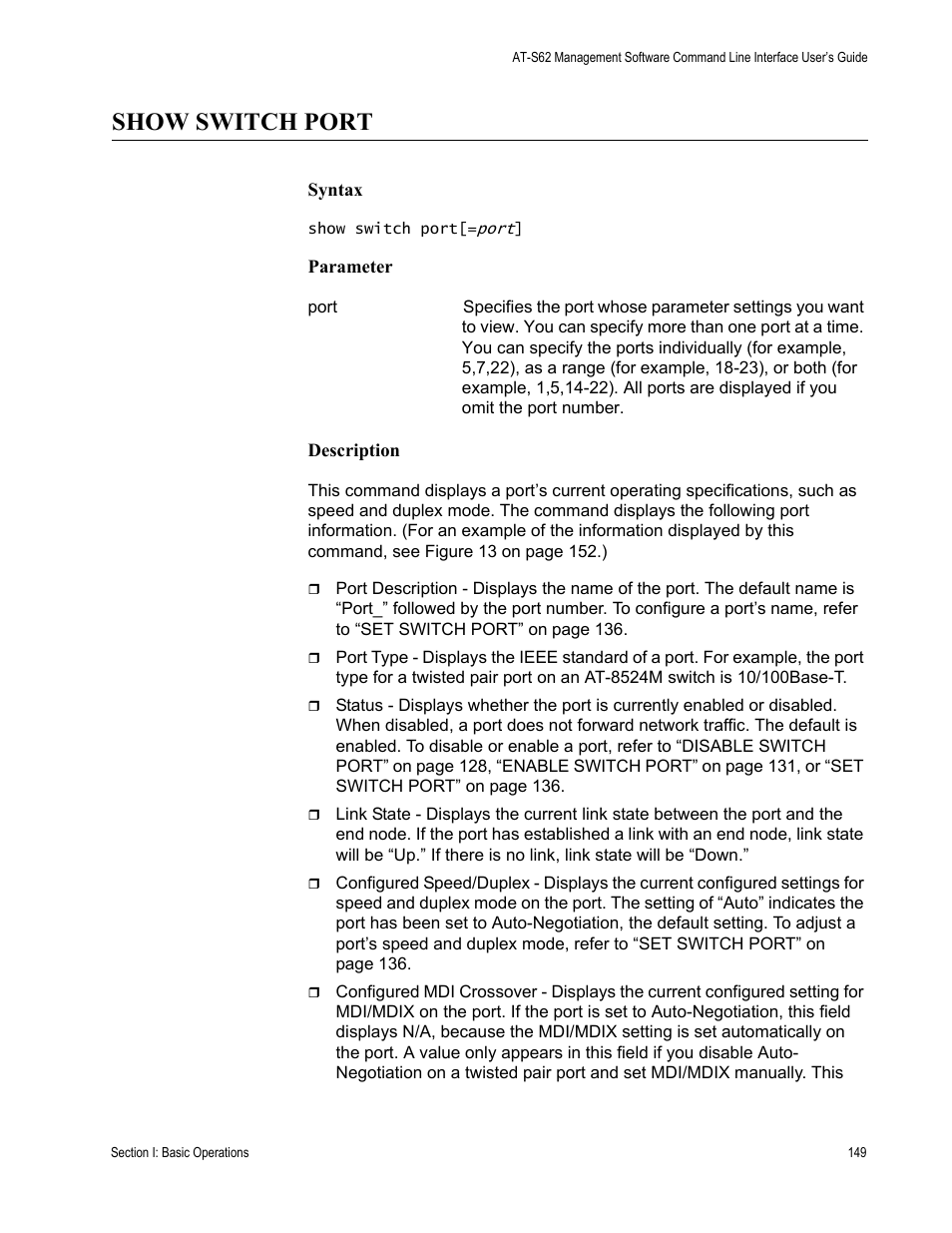 Show switch port | Allied Telesis AT-S62 User Manual | Page 149 / 656