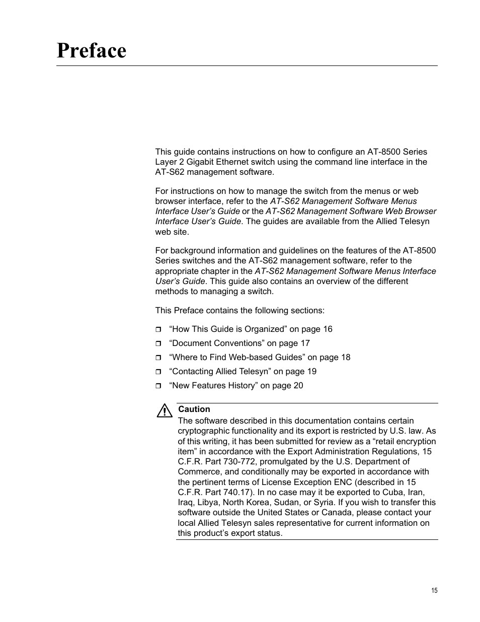 Preface | Allied Telesis AT-S62 User Manual | Page 15 / 656
