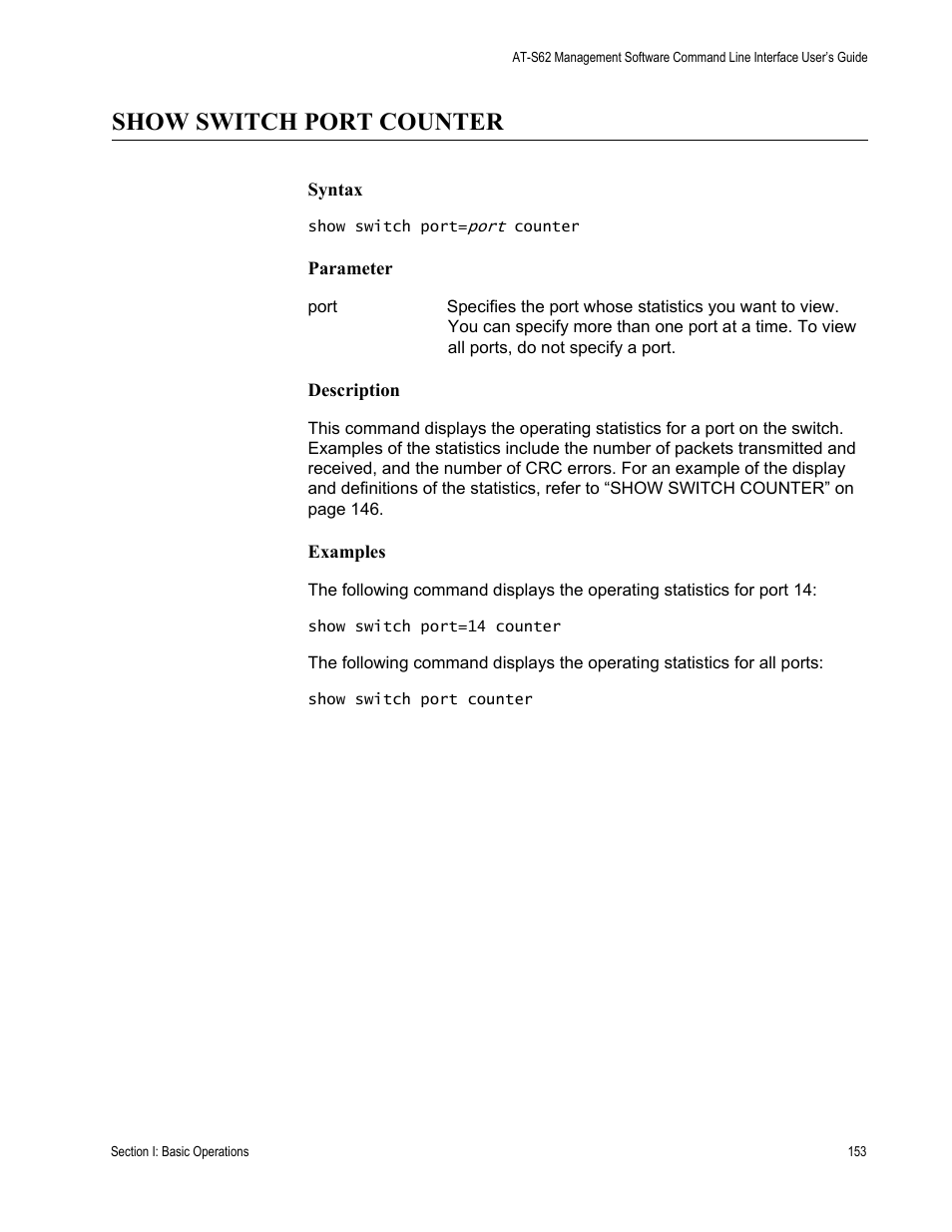 Show switch port counter | Allied Telesis AT-S62 User Manual | Page 153 / 656