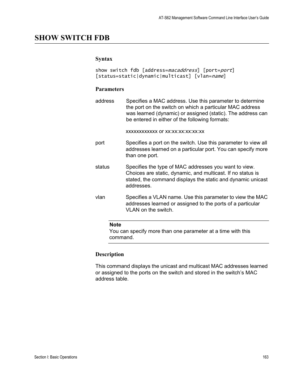 Show switch fdb | Allied Telesis AT-S62 User Manual | Page 163 / 656