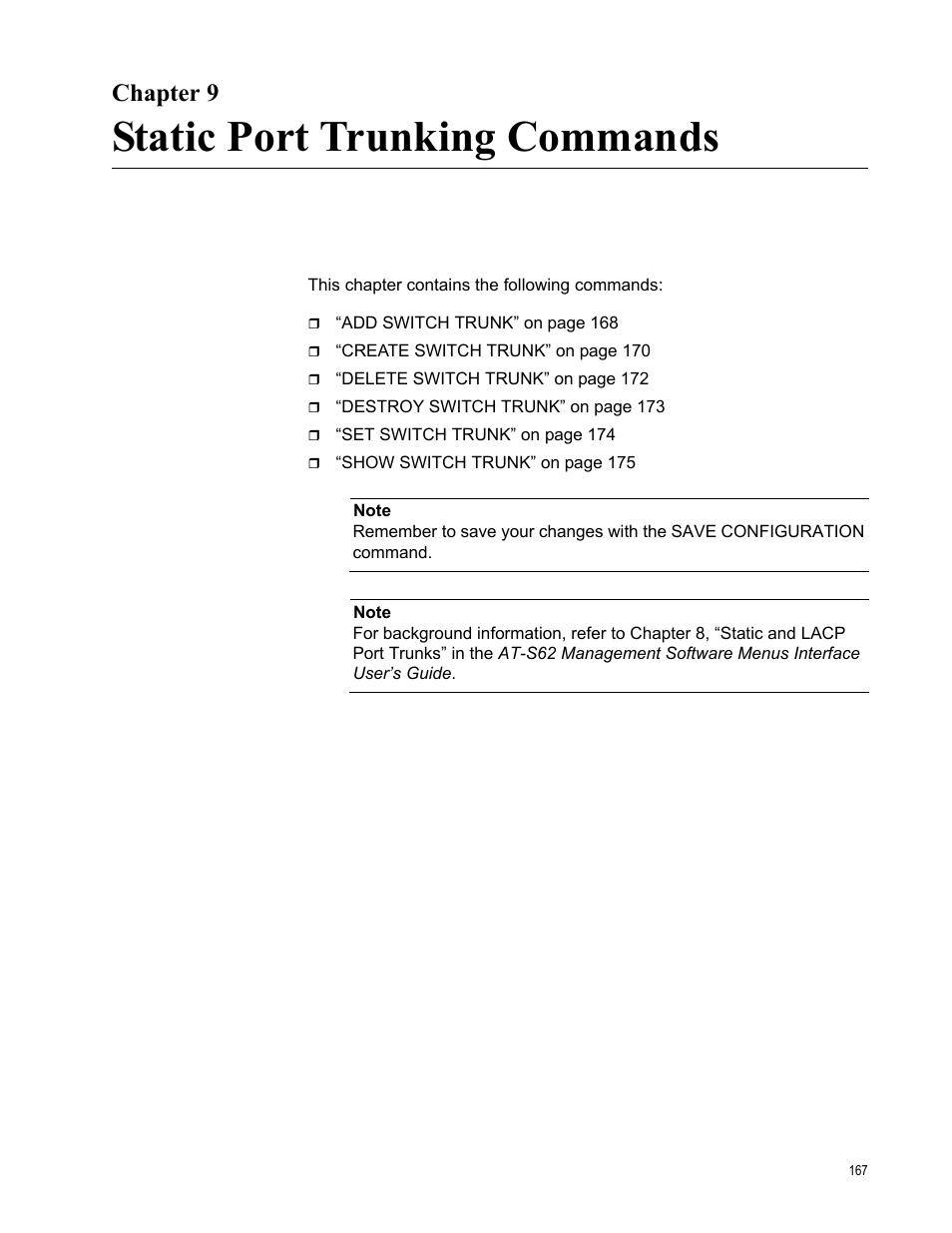 Chapter 9, Static port trunking commands, R 9: static port trunking commands | Allied Telesis AT-S62 User Manual | Page 167 / 656