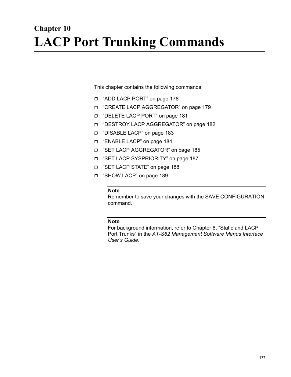 Chapter 10, Lacp port trunking commands | Allied Telesis AT-S62 User Manual | Page 177 / 656