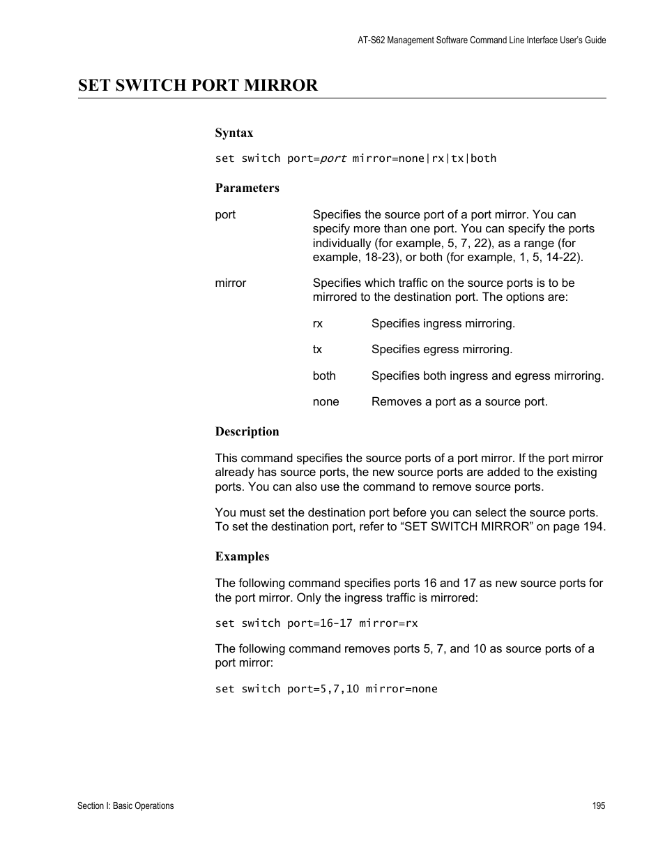 Set switch port mirror | Allied Telesis AT-S62 User Manual | Page 195 / 656