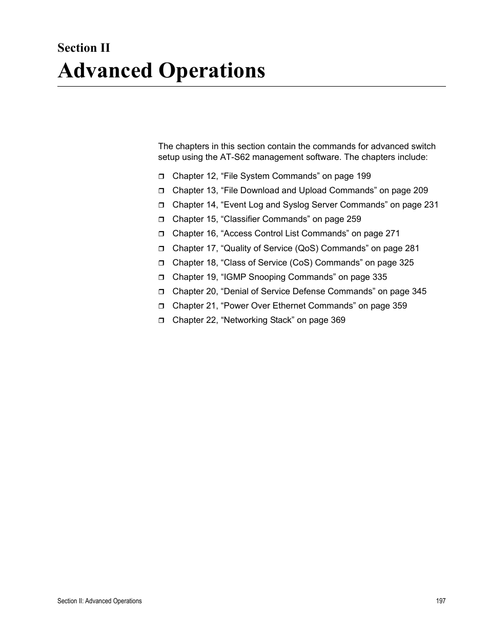 Section ii, Advanced operations, Section ii: advanced operations | Allied Telesis AT-S62 User Manual | Page 197 / 656