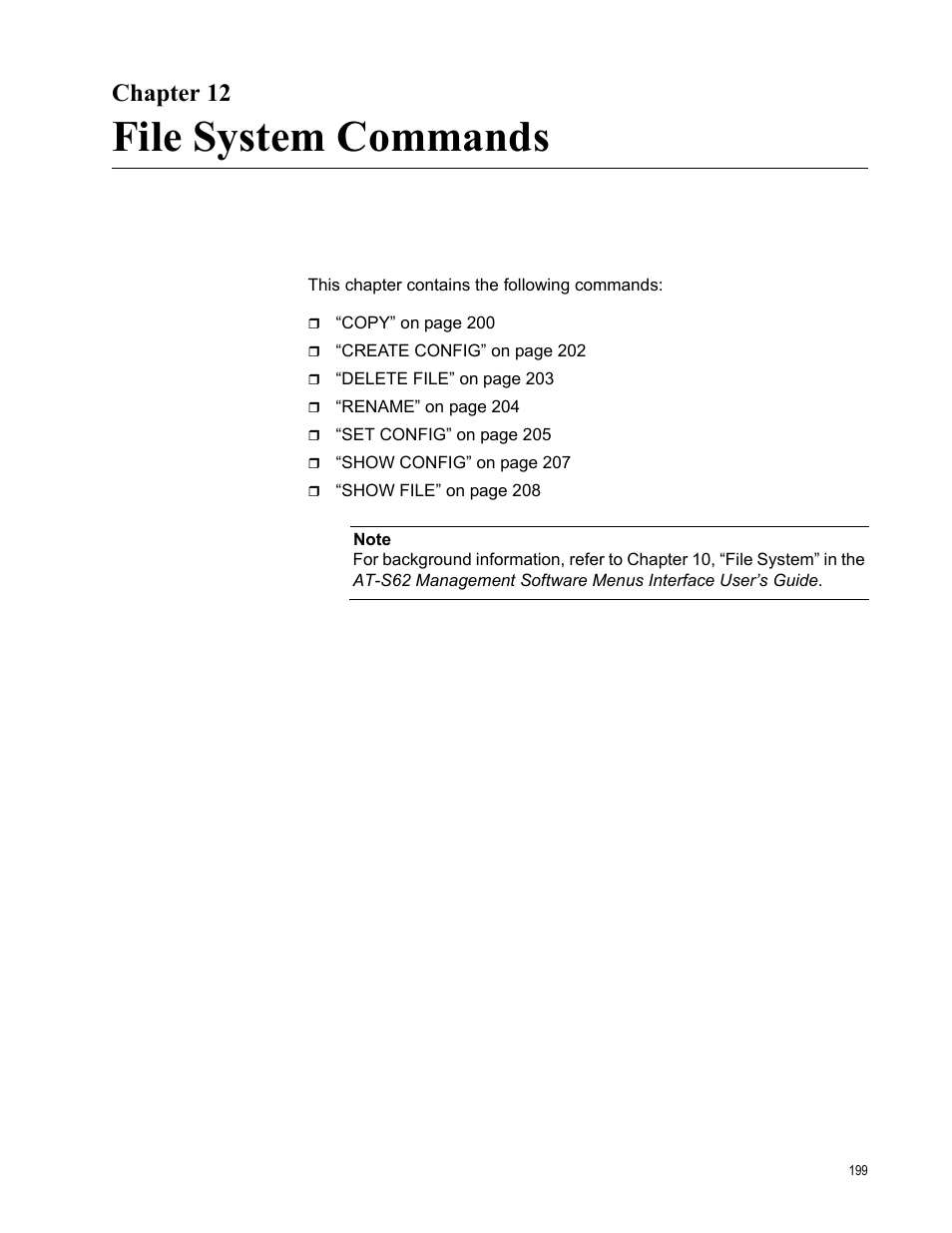 Chapter 12, File system commands | Allied Telesis AT-S62 User Manual | Page 199 / 656
