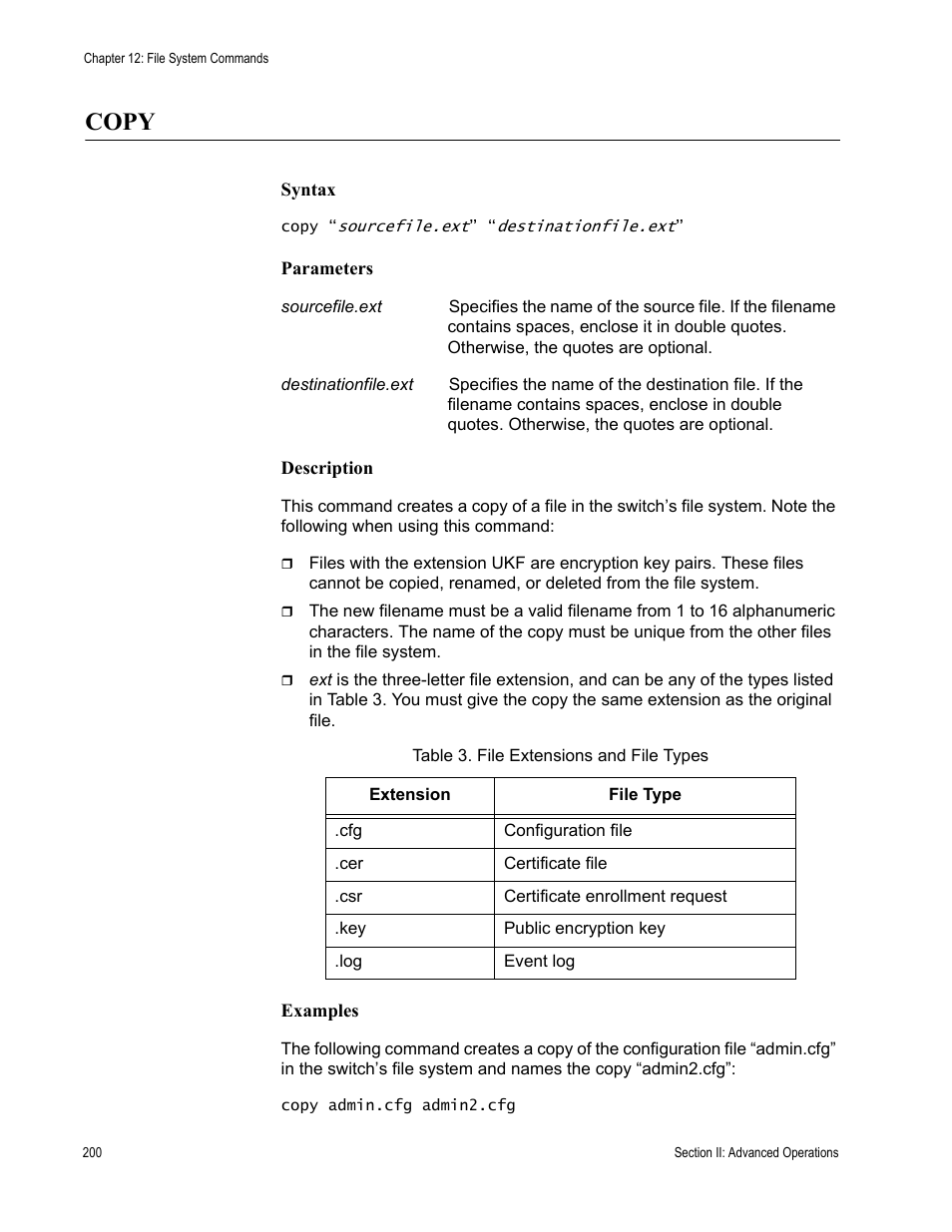Copy, Table 3. file extensions and file types | Allied Telesis AT-S62 User Manual | Page 200 / 656