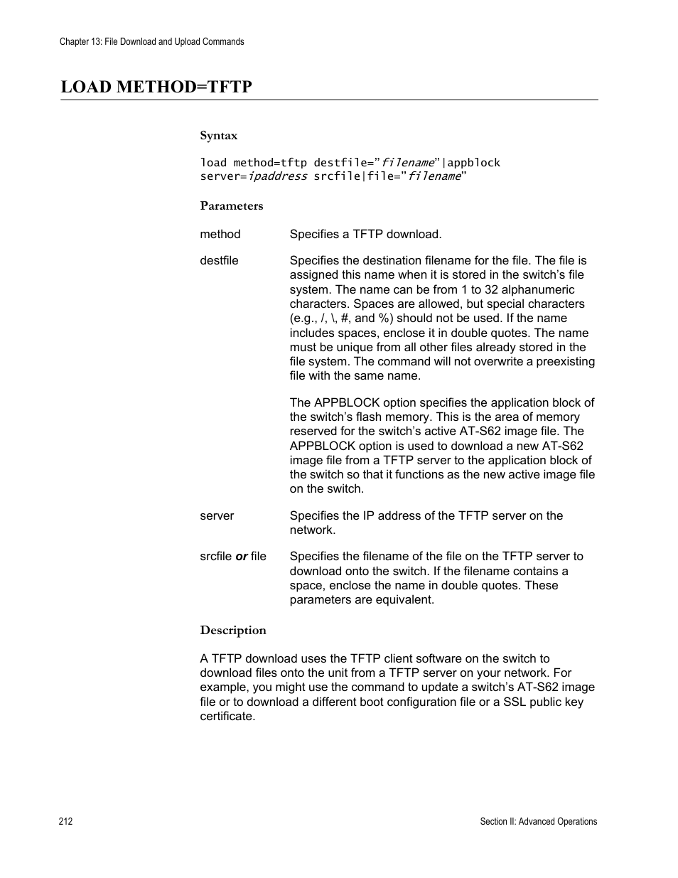 Load method=tftp | Allied Telesis AT-S62 User Manual | Page 212 / 656