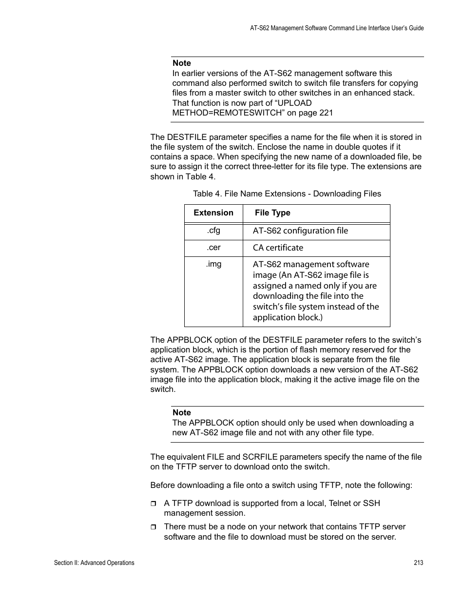 Table 4. file name extensions - downloading files | Allied Telesis AT-S62 User Manual | Page 213 / 656