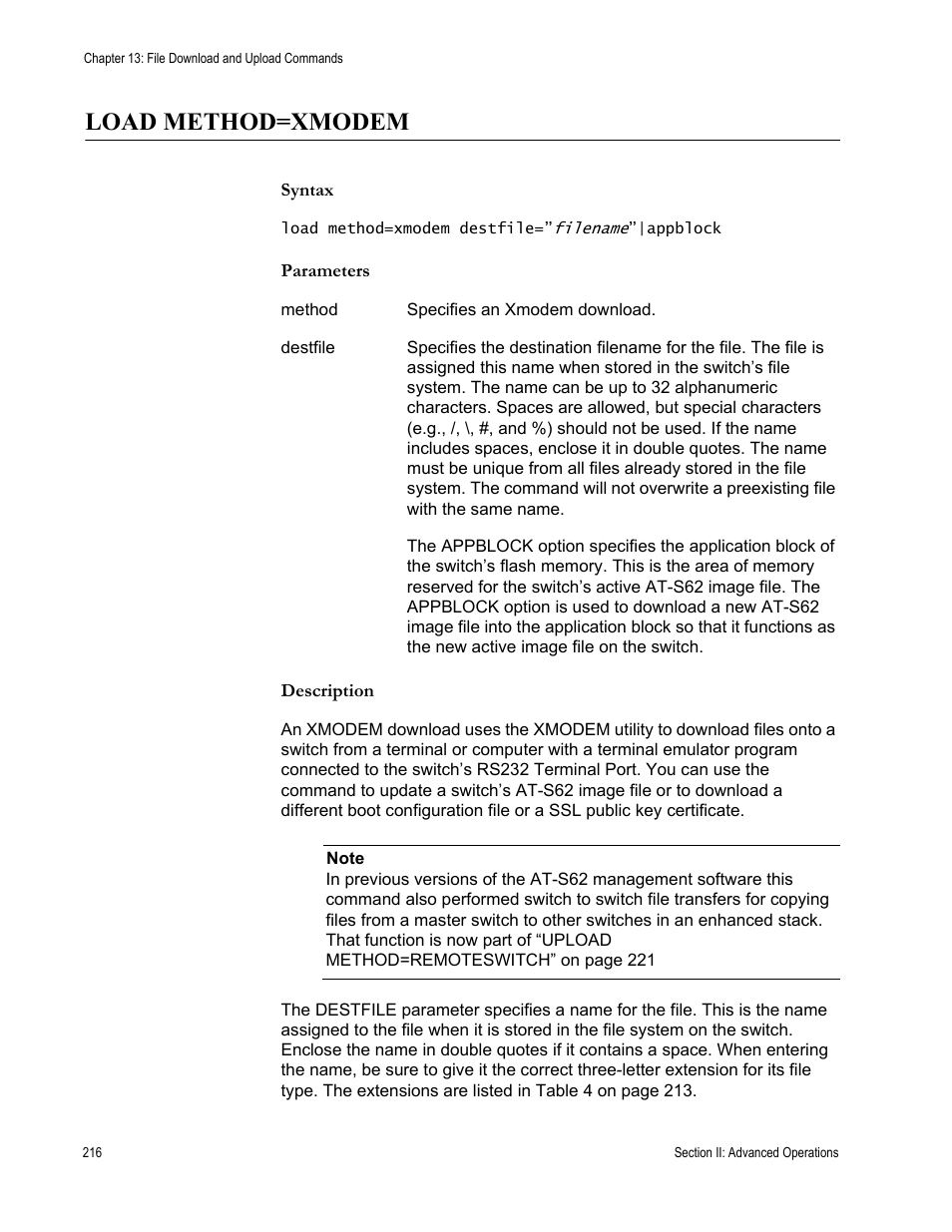 Load method=xmodem | Allied Telesis AT-S62 User Manual | Page 216 / 656