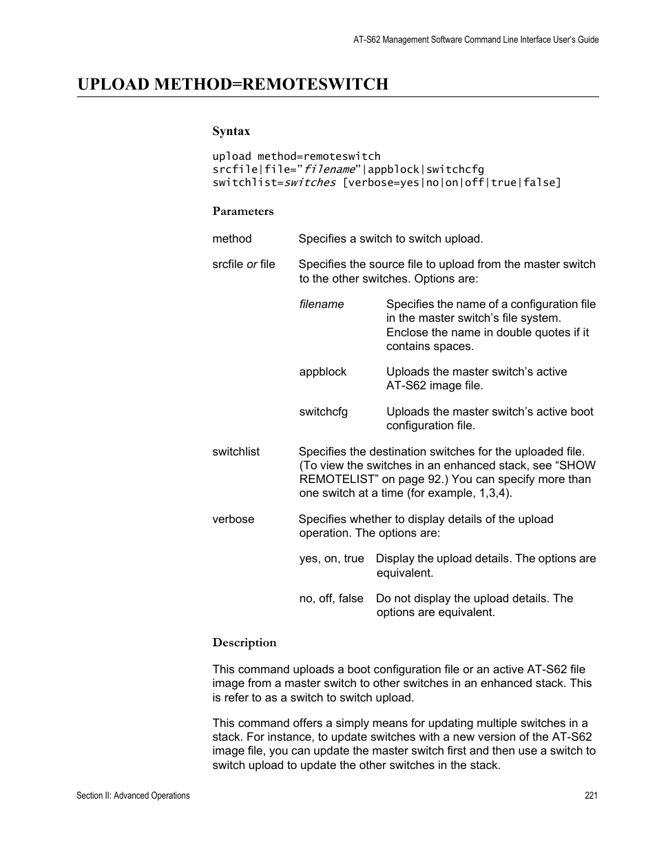 Upload method=remoteswitch | Allied Telesis AT-S62 User Manual | Page 221 / 656