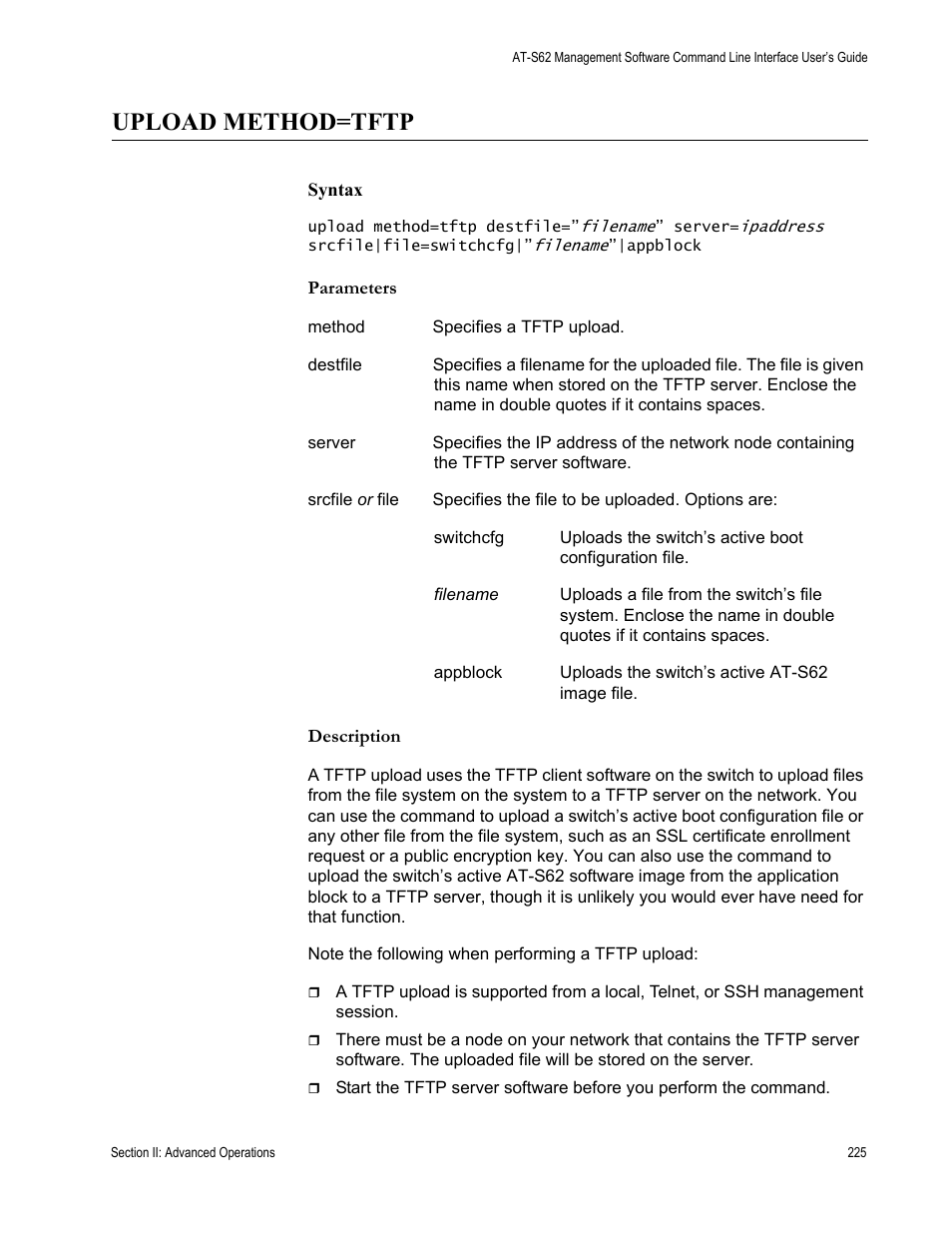 Upload method=tftp | Allied Telesis AT-S62 User Manual | Page 225 / 656