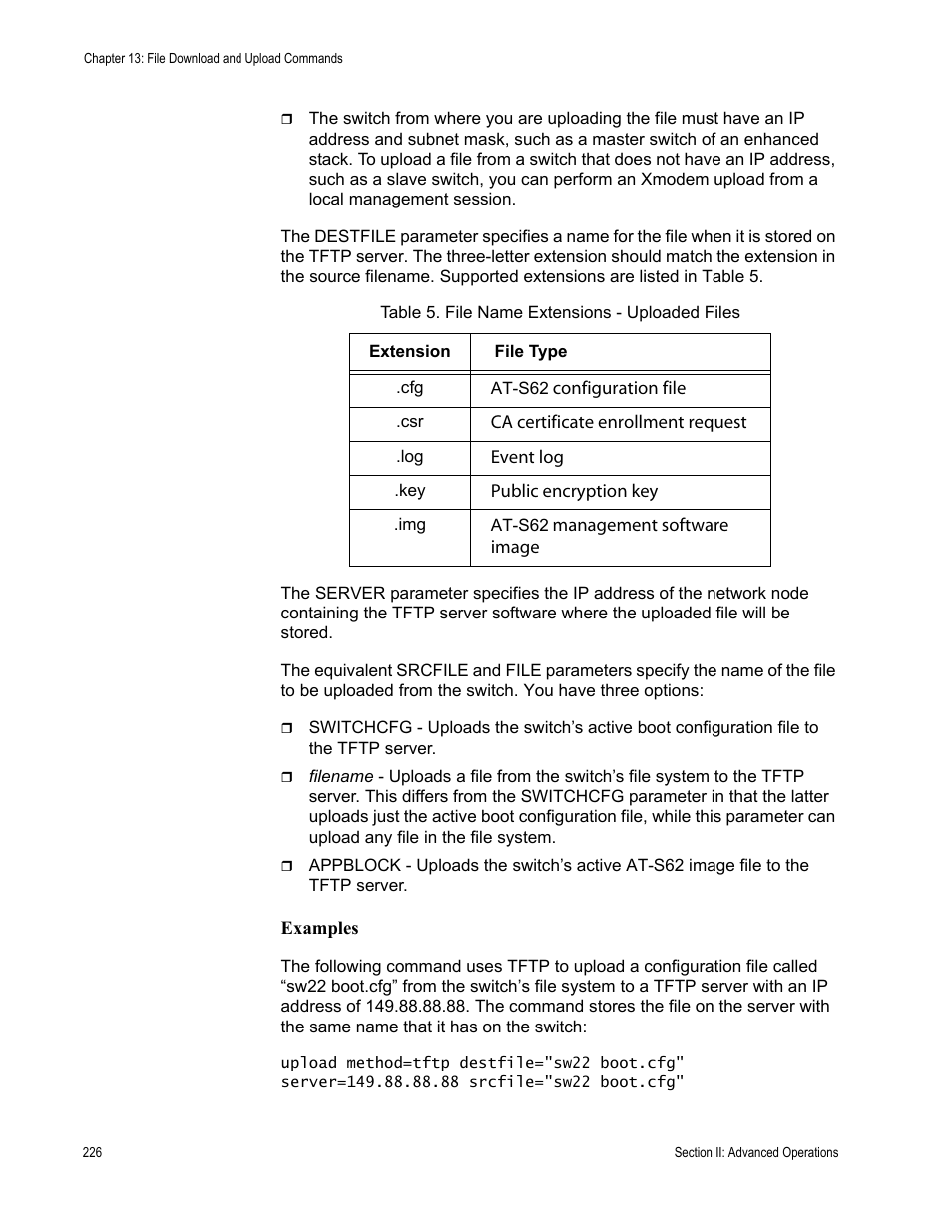Table 5. file name extensions - uploaded files | Allied Telesis AT-S62 User Manual | Page 226 / 656